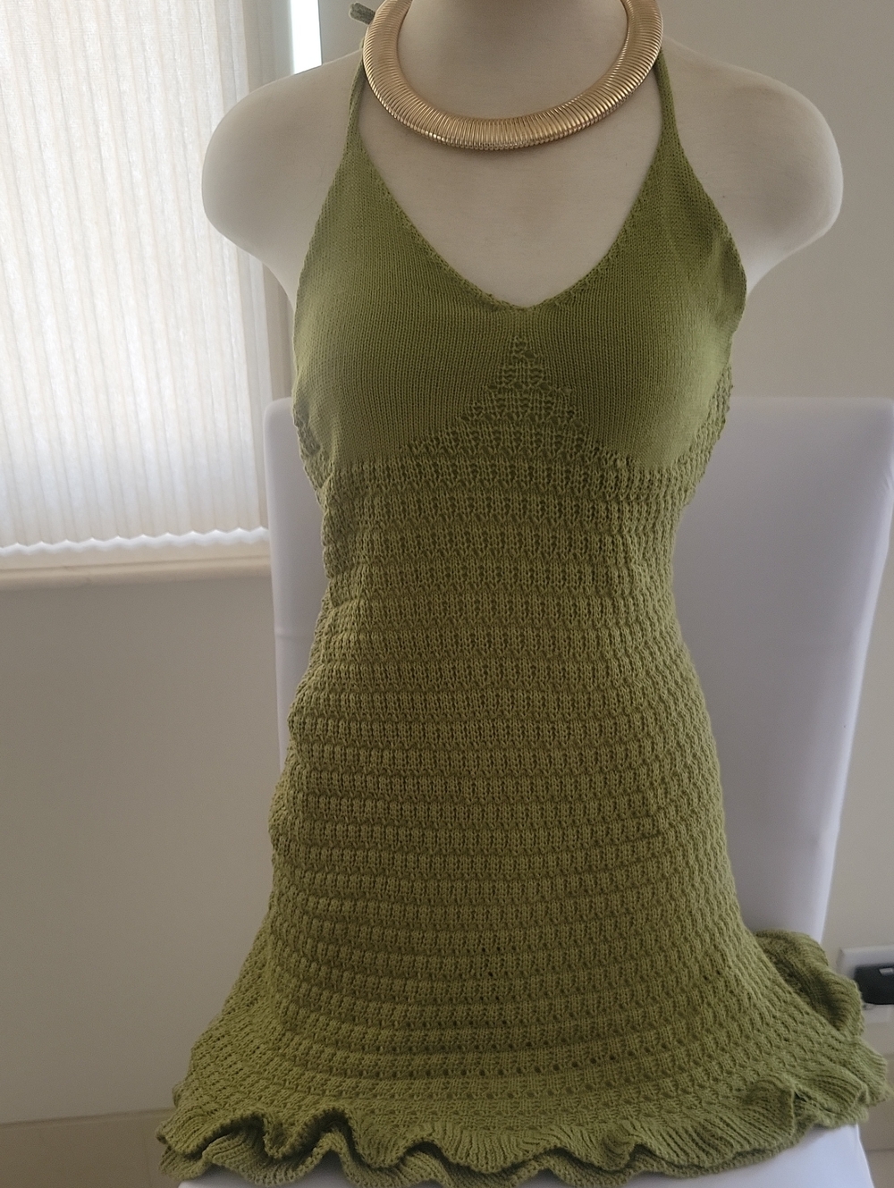 Olive Green Crochet Halter Knit Dress